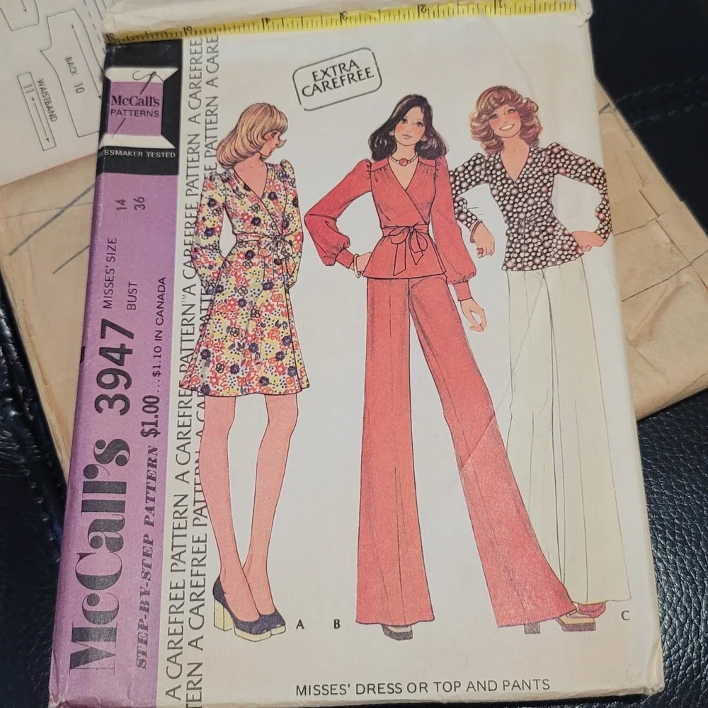 Vintage 1974 McCalls 3947 Wrap Dress Top Wide Leg Pants Pattern Uncut Size 14